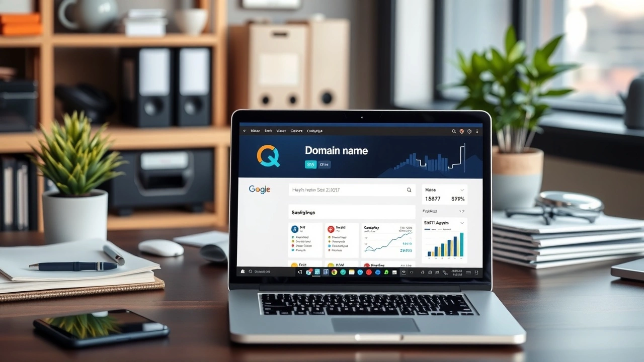 bureau avec ordinateur affichant des outils SEO pour domaine