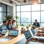 Un bureau moderne où des professionnels échangent des idées et des ressources.