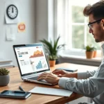 Bureau moderne avec un responsable marketing analysant des données de trafic avec un ordinateur portable.