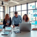 Un bureau moderne avec des professionnels discutant de l'achat de nom de domaine.