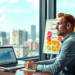 Un professionnel réfléchissant à un nom de domaine dans un bureau moderne.