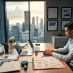 Une image montrant un bureau moderne avec un professionnel travaillant sur son ordinateur portable, soulignant l'importance du choix d'un nom de domaine.