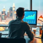 Une personne choisissant un nom de domaine dans un bureau moderne avec des graphiques SEO à l'écran.
