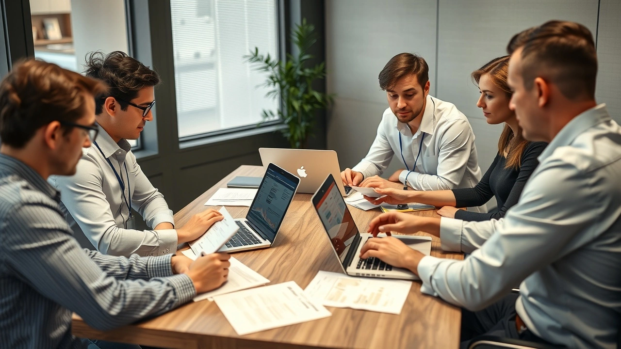 professionnels échangeant autour d'une table avec ordinateurs