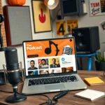 Un espace de travail moderne pour la création de podcasts avec un microphone, des écouteurs et un ordinateur.