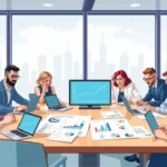 Illustration d'une réunion de planification stratégique pour la gestion de nom de domaine.