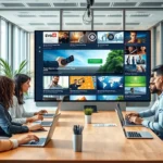 Une illustration d'un bureau moderne où des personnes discutent de thèmes d'actualités, représentant le lancement d'un site spécialisé.