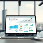Illustration d'un site de conseils financiers sur un ordinateur portable dans un bureau moderne.