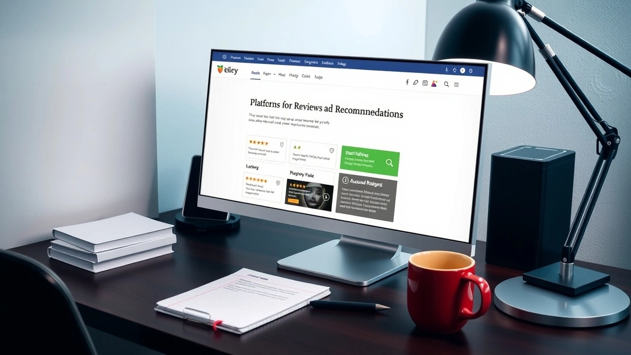 bureau avec ordinateur et plateforme d'avis