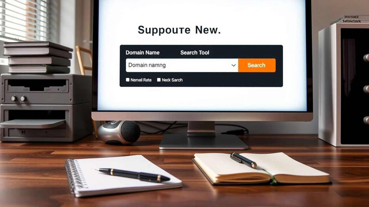 bureau avec ordinateur et outils de recherche de domaine
