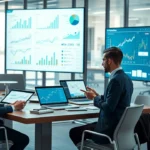 Une image photoréaliste d'un bureau moderne avec des professionnels analysant des tendances émergentes.