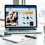 Bureau moderne affichant un site de comparaison de prix sur un ordinateur portable.