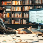 Une image d'une personne analysant des noms de domaine sur un écran d'ordinateur dans un bureau moderne.