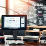 Un bureau moderne avec un ordinateur et des livres sur le marketing numérique.