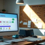 Un bureau moderne avec un ordinateur affichant une recherche de nom de domaine, des notes et esquisses autour.