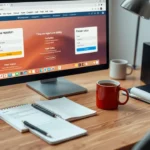 Bureau paisible avec ordinateur, notes et plante, illustrant la gestion de noms de domaine sans stress.