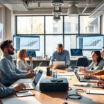 Scène de bureau moderne avec des professionnels discutant de stratégies de revente de noms de domaine.