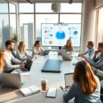 Une scène de bureau moderne montrant des professionnels discutant d'une stratégie de contenu pour vendre un nom de domaine.