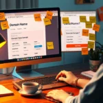 Une scène illustrant un espace de travail numérique où une personne choisit un nom de domaine.