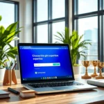Image d'un espace de travail moderne avec un ordinateur portable et des éléments symbolisant l'expertise.