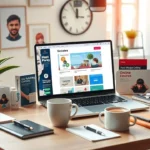 Un espace de travail moderne avec un ordinateur portable affichant un site de produits numériques.