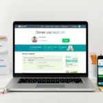 Un espace de travail moderne avec un ordinateur portable et des outils de gestion de domaine.