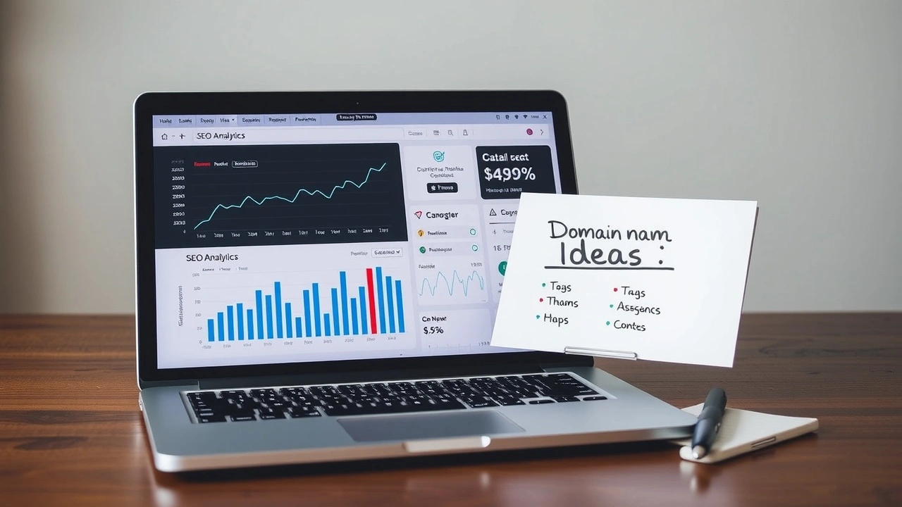 ordinateur avec analytics SEO et notes de noms de domaine
