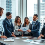 Une image illustrant des professionnels discutant des stratégies d'achat de noms de domaine dans un bureau moderne.