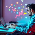 Personne utilisant un ordinateur pour vendre un nom de domaine sur les réseaux sociaux